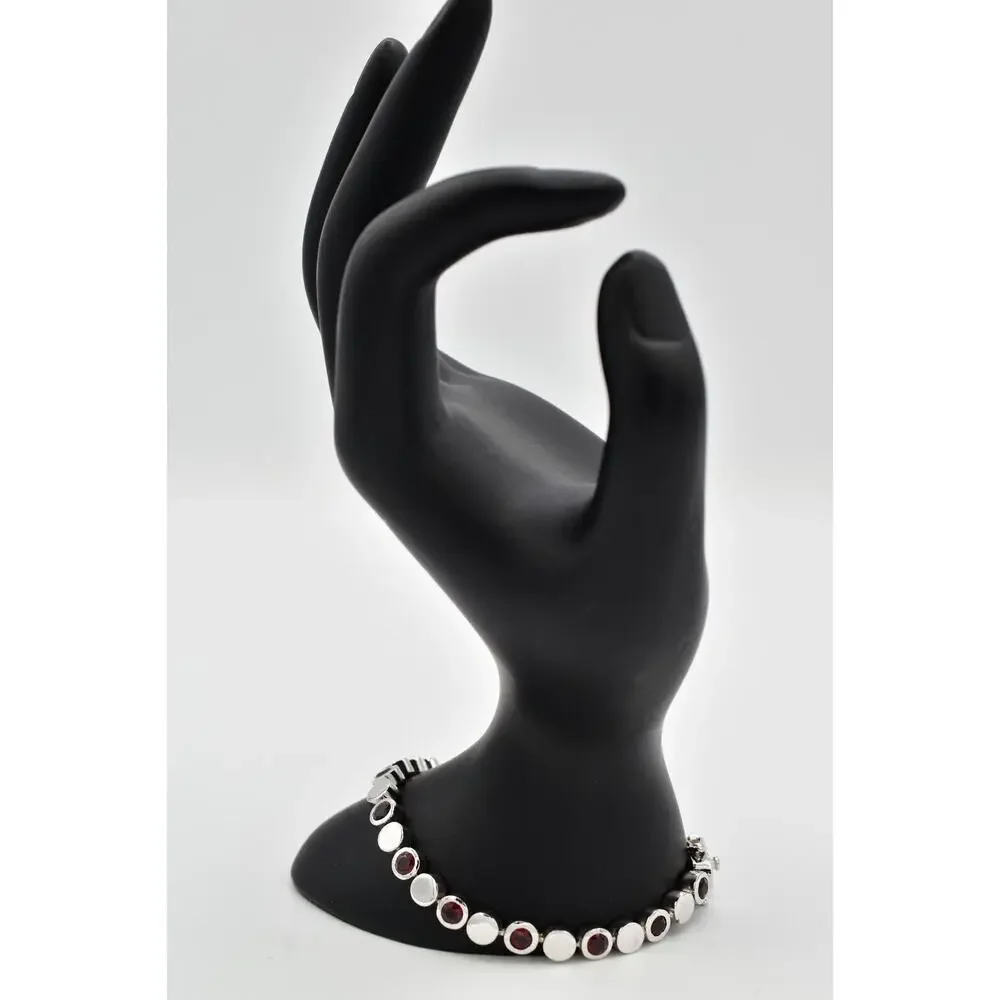 925 Sterling Silver Tennis Chain Bracelet Red Rhinestone Crystal Signed BinO